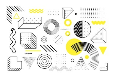 universal trend halftone geometric shapes set juxtaposed with bright bold yellow elements composition. design elements for magazine, leaflet, billboard, sale