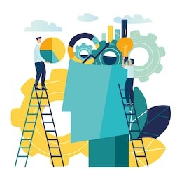 vector creative illustration of business graphic, company is engaged in joint construction of column graphs, rise  career to success, abstract head of person filled with ideas thoughts and analytics
