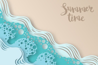 abstract paper art sea or ocean water waves and beach. summer background with seacoast. paper sea waves with lines and bubbles. paper cut style