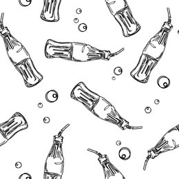 soda drink bottle black and white seamless pattern. variety of packaging using hand drawn or doodle art