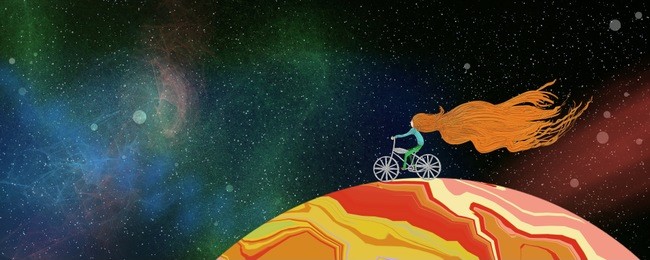 young girl on a planet in outer space with flowing red hair and riding a silver bicycle in a fun fantasy illustration about adventures and travel and dreaming of the future. has thick paint texture