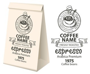 paper packaging with a label for coffee beans. vector label for coffee with the pencil drawing cup of hot coffee and handwritten inscriptions and 3d paper package with this label.