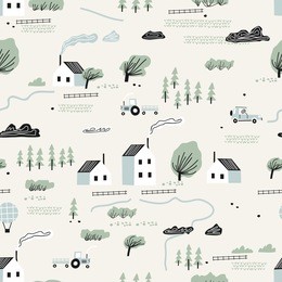 seamless colorful pattern with house,trees and mountains. nordic nature landscape concept. perfect for kids fabric, textile, nursery wallpaper.