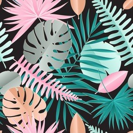 paper palm, monstera leaves seamless pattern. summer tropical leaf. geometric backdrop. origami exotic hawaiian jungle, summertime background in pastel colors