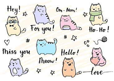 hand drawn funny cats illustration drawing by ink brush pen.  simple doodle sketch style. cute cat characters collection for your greeting card, template design.