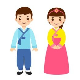cute little boy and girl couple in national costume of south korea. cartoon children in traditional korean new year clothes. vector clip art illustration.