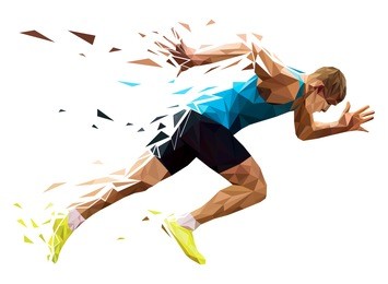 runner sprinter explosive start in running. polygonal particles