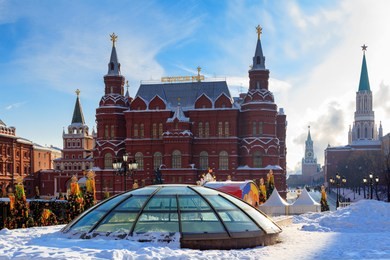building of state historical museum in moscow. view from the manege square