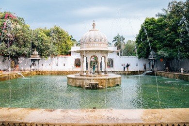 udaipur, india - december 11, 2017 : fountain at saheliyon ki bari (garden of the maidens)