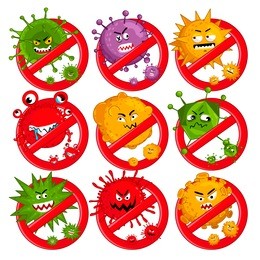 cartoon viruses characters isolated  illustration on white background. cute fly germ virus infection  characters. funny micro bacteria characters. stop viruses symbol. microbe, pathogen.