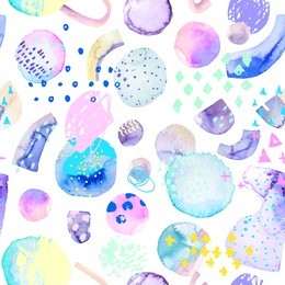 abstract seamless pattern with geometric shapes, drawing of minimal grunge elements, doodles. hand painted watercolor illustration in bauhaus, memphis and hipster style. art design in happy mood