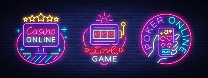 casino collection of neon signs. design template in neon style. slot machines, poker online bright logo character, winning jackpot, web banner, nightly casino advertising. vector illustration