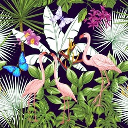 seamless pattern, background with flamingo and tropical plants on black background.   hand drawn colorful vector illustration without transparent and gradients.