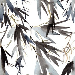 watercolor and ink illustration of bamboo leaves. oriental traditional painting in style sumi-e, u-sin. seamless pattern.