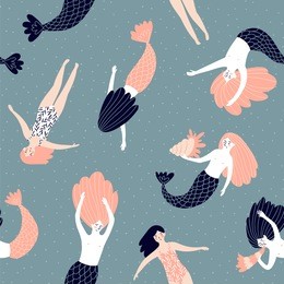 cute hand-drawn seamless pattern with mermaids and swimming girls. magic endless design for fabric, wrap paper or wallpaper.