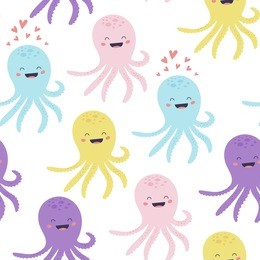 vector seamless pattern with adorable octopus characters of different colors. 