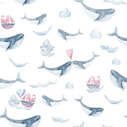 seamless pattern with love couple of funny whales between waves and ships. lovely illustration for textile or wallpaper design.