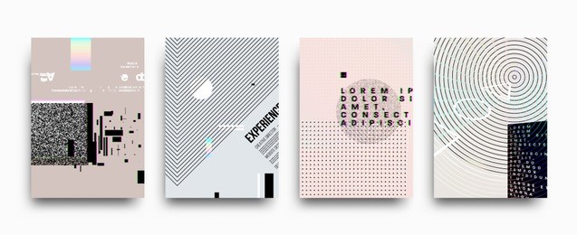 covers templates set with bauhaus, memphis and hipster style graphic geometric and glitch elements. applicable for placards, brochures, posters, covers and banners. vector illustrations.