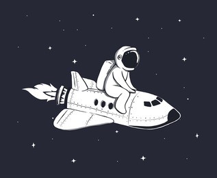 cute astronaut flies on space shuttle in outer space.childish vector illustration.prints design