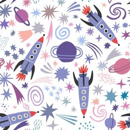 space seamless pattern with spaceship and stars