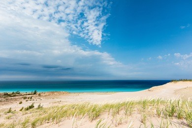 azure blue skys and the waters of lake michigan are the background at sleeping bear dunes national lakeshore in glen haven michigan