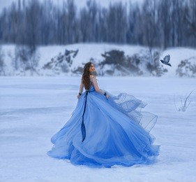 snow queen in a luxurious, lush dress with a long train. a girl walks on a frozen lake covered with snow. a postal bird flies by her side and she looks with hope in expectation of good news. art.