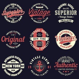 vintage original typography set. retro print for t-shirt design. graphics for authentic apparel. collection of tee shirt badge. vector illustration.