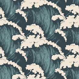 ocean waves seamless pattern. sea wave blue background, wind storm surf water hand drawn vector illustration