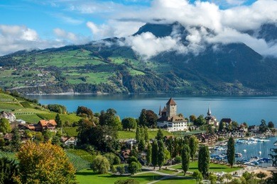 amazing dream like swiss alpine mountain landscape in spiez  of switzerland.