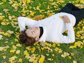 young chinese smiling man portrait laying in foliage in autumn park. outdoor.
