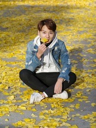 young chinese smiling man portrait sitting in foliage in autumn park. outdoor.