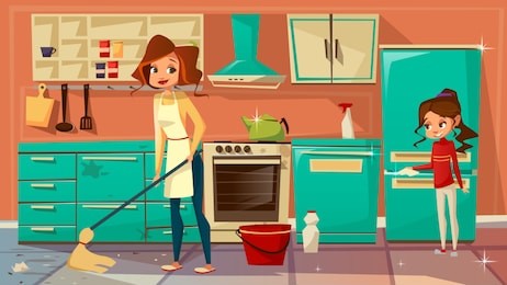 vector cartoon mother daughter girl helps cleaning kitchen together, doing household chores. female women characters wiping floor, dust interior furniture cupboard fridge cooking stove, microwave oven
