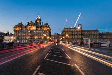 light trails on the north bridge, edinburgh