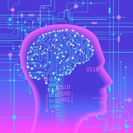 neural network. deep learning. artificial intelligence concept. robot face and building abstract background