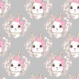 cute rabbit with bow sketch vector illustration pattern seamless, hand drawn bunny background