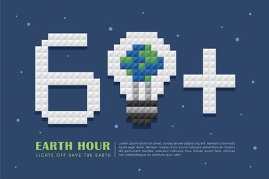 earth hour poster template. light bulb with earth and 60+ in 3d pixel art on space background. lights off save the earth. eco energy save concept vector in flat vector illustration.