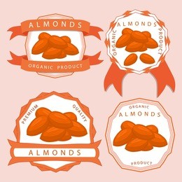 abstract graphic illustration logo whole ripe brown almond nut, cut sliced, product brazil background. nut almond pattern consisting of tag label, food peeled half nutlet,nutshell. eating almonds nuts