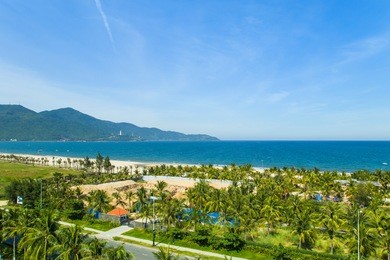 a high views of street, seawall and row of palm trees in front of the my khe beach in da nang, vietnam