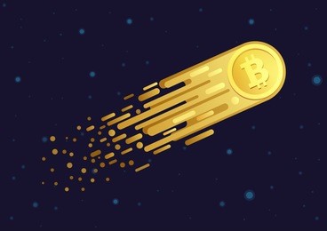 vector cartoon illustration of comet with golden bitcoin symbol flying in open galaxy space.