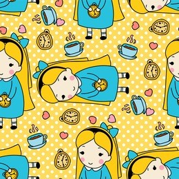 vector seamless pattern. cartoon girl, tea cup, clock and hearts. hand drawn doodle style, childish colors. blue, yellow, pink colors. polka dot background
