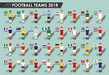 soccer cup teams 2018 . set of football players with jersey uniform and national flags . vector for international world championship tournament .