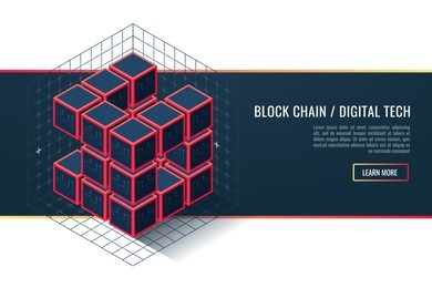 blockchain technology concept. isometric vector illustration of distributed database for cryptography. cubic nodes and connecting lines.conceptual vector vertical banner