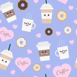 vector seamless pattern of kawaii coffee cups, donuts and hearts on a pastel purple background.