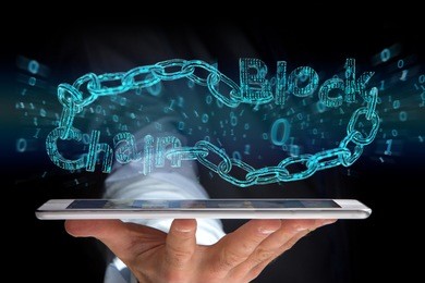 view of a blockchain title with a cahin made of data number - 3d render