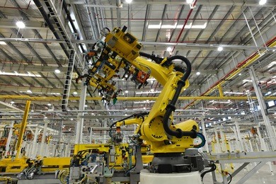 new robot setting for industrial machine welding in production line of vehicle factory