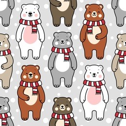 cute polar bears seamless pattern, cartoon animal background,  vector illustration