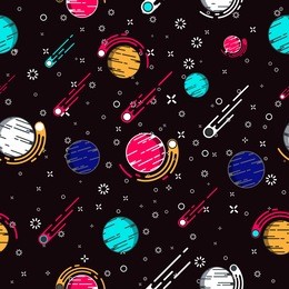 lovely outer space planets vector flat seamless pattern with asteroid, comet, stars. ideal for wrapping paper printables, website background, wallpaper and fabric design. artwork on separate layer