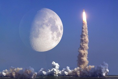 rocket launch with moon on background. elements of this image furnished by nasa