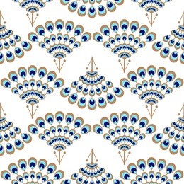 peacock geometric wave fan seamless vector pattern. elegant blue and gold detail repeat texture.