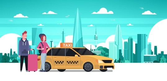 passengers couple order yellow taxi service sit in car cab over silhouette city background
